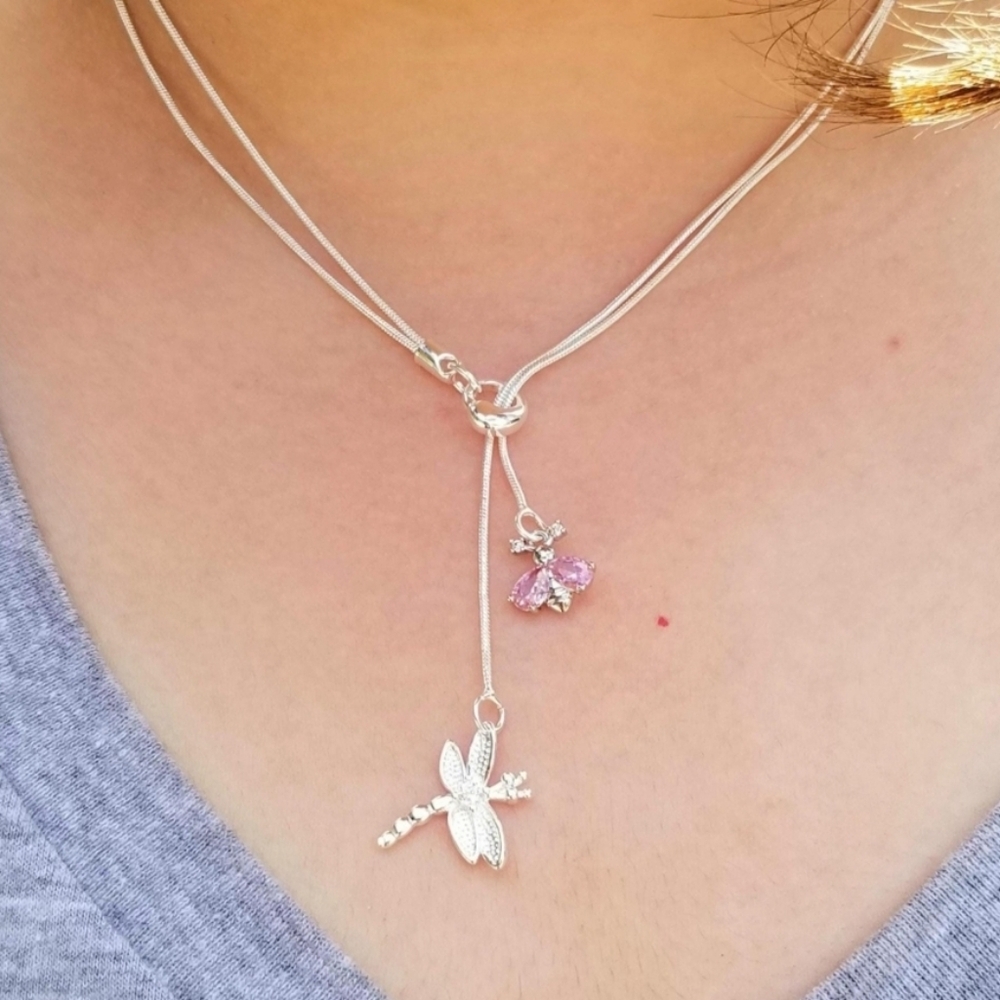 Sterling Silver Tourmaline Bee & Dragonfly Lariat Necklace, October Birthstone
